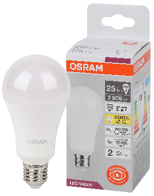Лампа светодиодная LED Value Грушевидная 25Вт (замена 200Вт), 2000Лм, 3000К, цоколь E27 OSRAM